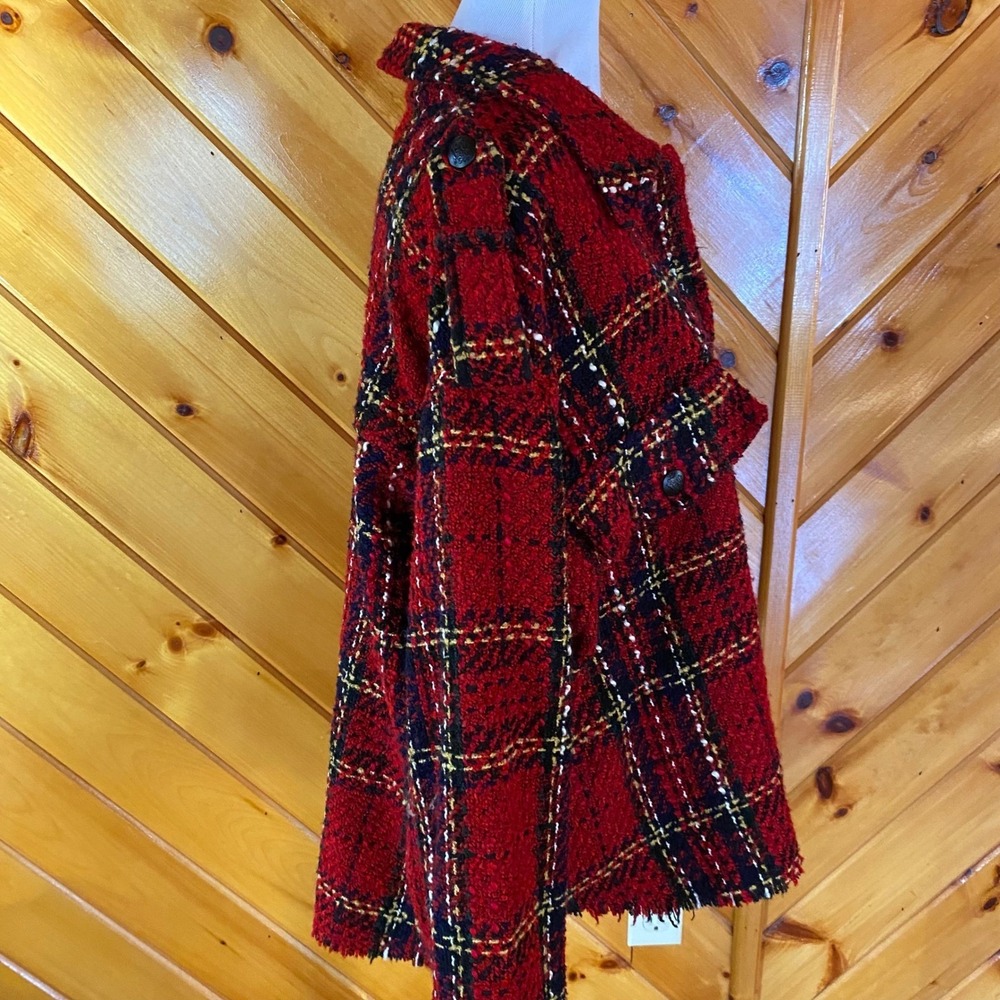 ZARA Plaid Tweed Jacket Red Black Fringe Shacket Textured Bright Boucle - Picture 6 of 9